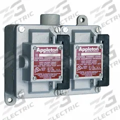 APPLETON ELECTRIC Tumbler Switch: 2 Gang, 1-Pole, 20 A, 277 V AC, Dead-End Hub, 1/2 in Hub Size (MPN EDS250-R1). Key specifications — Brand: APPLETON ELECTRIC.