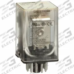 SCHNEIDER General Purpose Relay: Socket Mounted, 10 A Current Rating, 24V DC, 3PDT, B Socket (MPN 8501KPDR13V53). Key specifications — Brand: SCHNEIDER; Base Type: Octal; Mounting Style: Socket; Pin Shape: Round; Electrical Connection: 11-Pin Terminal; Manufacturer Part Number: 8501KPDR13V53; Series: Square D 8501K Series.