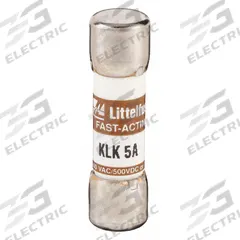 LITTELFUSE Fuse: KLK Series, Midget, Fast-Acting, 5 A, 600 V AC, 500 V DC, 13/32 in x 1 1/2 in (MPN KLK005). Key specifications — attr1287209: KLK; attr211192: LITTELFUSE.
