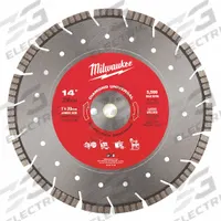 MILWAUKEE Diamond Saw Blade: Asphalt/Concrete/Stone, 14 in Blade Dia., 1 in Arbor Size, Wet/Dry (MPN 49-93-7140). Key specifications — attr1097734: Wet/Dry; attr1097738: Handheld Concrete Saw; attr1097751: MILWAUKEE.
