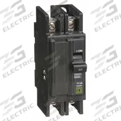 SQUARE D Miniature Circuit Breaker: 60 A, 120/240V AC, Single Phase, 10kA at 120/240V AC, 2 Poles (MPN QOU260). Key specifications — Phase: Single; Amps: 60 A; AC Voltage Rating: 120/240V AC; Max. AIR Rating: 10kA at 120/240V AC; For Use With: Heating; Brand: SQUARE D.