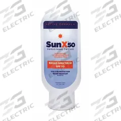 SUNX Sunscreen: 50 SPF, Lotion, 4 oz (MPN 18-906G). Key specifications — Unitized: Unitized; Manufacturer Part Number: 18-906G; Format: Lotion; Purpose: Sunscreen; Brand: SUNX; Formula Features: Paraben Free; Unit Package Type: Bottle; Active Ingredient: Vitamin E.