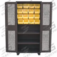 JAMCO Bin Cabinet: 36 in x 24 in 78 in, 2 Shelves, 16 Bins, Yellow, Ventilated, 14 ga Panel, Black (MPN DY236BL). Key specifications — Bin Color: Yellow; Bin HxWxD: (16) 7 in x 8-1/4 in x 11 in; Assembled: Assembled; Cabinet Style: Shelf and Bin; Brand: JAMCO; Cabinet Color: Black; Cabinet Finish: Powder Coated; Cabinet Material: Steel.