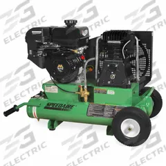 SPEEDAIRE Portable Gas Air Compressor: 2 Stage, 9 hp Engine, Mi-T-M, 17.2 cfm @ 90 psi, Twin Stack (MPN AM2-PM09-08G). Key specifications — attr50858: Mi-T-M; attr50864: Recoil; attr50844: SPEEDAIRE.