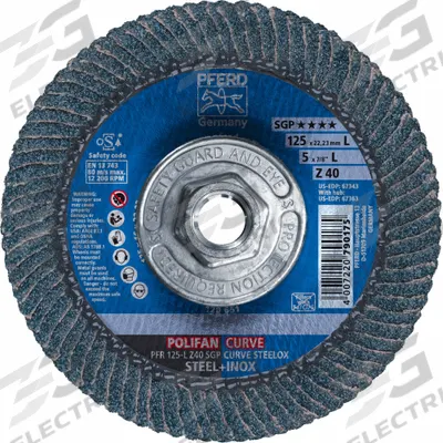 PFERD Flap Disc: Radial, 5" x 5/8"-11, Zirconia Alumina, 40 Grit, Fiberglass Bk - High-Performance Flap Discs for Carbon & Stainless Steel