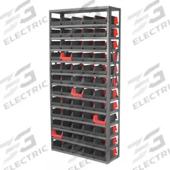 AKRO-MILS Bin Shelving: 36 in x 12 in x 79 in, 1 Sided, 60 Bins, Open, Indicator Bin, Black/Red (MPN AS127936462BK). Key specifications — Includes Bins: Yes; Bin Material: Polymer; Frame Color: Gray; Bin HxWxD: 4 in x 6-3/4 in x 11-5/8 in; Frame Material: Steel; Bin Color: Black; Red; Brand: AKRO-MILS.