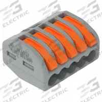 WAGO Lever Wire Connector: 5 Port, 28 AWG – 12 AWG Solid Wire Size Range, 20 A, 600 V, 222 Series (MPN 222-415/K194-4045). Key specifications — attr1307071: WAGO; attr1307104: Lever; attr1351713: 222.