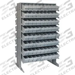 QUANTUM STORAGE SYSTEMS Pick Rack: 36 in x 24 in x 60 in, 2 Usable Sides, 16 Shelves, 144 Bins, Gray (MPN QPRD-501GY). Key specifications — Bin HxWxD: (144) 4-5/8 in x 3-3/4 in x 11-5/8 in; Frame Material: Steel; Frame Color: Gray; Bin Color: Gray; Brand: QUANTUM STORAGE SYSTEMS.