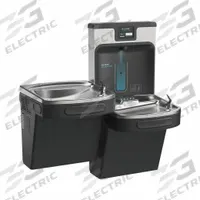 ELKAY Bi-Level Drinking Fountain with Bottle Filler: On-Wall, 8 gph @ 50°F, Stainless Steel, Black (MPN LZSTL8WSMP-PF). Key specifications — Brand: ELKAY; Housing Material: Stainless Steel; Filter Access: Bottom Panel Access; Housing Finish: Midnight Black; Chilling Capacity: 8 gph @ 50°F; Housing Color: Black.