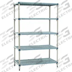 METRO Shelf Plastic Industrial Shelving (5): 18 in x 60 in, 74 in Overall Ht, 5 Shelves (MPN 5Q367G3). Key specifications — Resistance Properties: Antimicrobial; Shelf Adjustment Type: Quick-Adjust; Frame Material: Steel; Shelving Material: Steel; Brand: METRO.