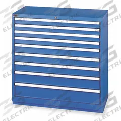 LISTA Modular Drawer Cabinet: 40 1/4 in x 22 1/2 in x 41 3/4 in, 9 Drawers, 117 Compartments, Steel (MPN HS09-0901A-FTKABB). Key specifications — Drawer Inside Height: (4) 2 in; Drawer Access: Single; Base Type: Frame; Number of Compartments per Drawer: (2) 12; Brand: LISTA; Cabinet Color: Bright Blue.