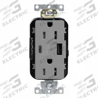 USB Receptacle: Duplex, 5-15R, Gray, 125V AC, 15 A (MPN M56AC-GY). Key specifications — Brand: LEVITON.