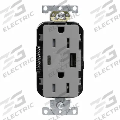 LEVITON Receptacle: Duplex, 5-15R, Gray, 125V AC - Weather-Resistant Receptacles with USB Chargers