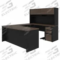 BESTAR U-Shaped Office Desk: Antigua/Black, 71 1/8 in Overall Wd, 92 5/8 in Overall Dp, ANSI/BIFMA (MPN 93879-000052). Key specifications — Color: Antigua; Desktop Color: Antigua; Material: Particle Board; Product Material: Laminate Particle Board.