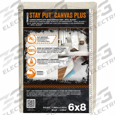 TRIMACO Drop Cloth: Extra Heavy Duty, Anti-Slip Canvas, 47 mil Thick, 6 ft Wd, 8 ft Lg - Slip-Resistant Drop Cloths