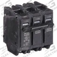 GE Miniature Circuit Breaker: THHQL, 60 A, 120/240V AC, Three Phase, 22kA at 120/240V AC, 3 Poles (MPN THHQL32060). Key specifications — Amps: 60 A; AC Voltage Rating: 120/240V AC; Phase: Three; Max. AIR Rating: 22kA at 120/240V AC; For Use With: Power Mark Gold Load Centers and AQ Lighting Panels.