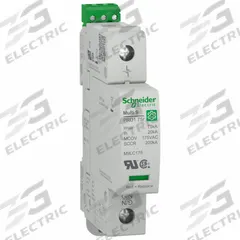 SCHNEIDER ELECTRIC Surge Arrester: Single Phase, 120V AC, 1 Poles, 2 Wires, L-N, 600V (L-N), 200 kA (MPN M9L11120). Key specifications — Voltage: 120V AC; Number of Wires: 2 Wires; Modes of Protection: L-N; Voltage Protection Rating: 600V (L-N); Short Circuit Current Rating: 200 kA; Mounting Style: DIN-Rail; Brand: SCHNEIDER.
