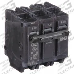 GE Miniature Circuit Breaker: THQL, 80 A, 120/240V AC, Three Phase, 10kA at 120/240V AC, Std (MPN THQL32080). Key specifications — Amps: 80 A; AC Voltage Rating: 120/240V AC; Phase: Three; Max. AIR Rating: 10kA at 120/240V AC; For Use With: Power Mark Gold Load Centers and AQ Lighting Panels.