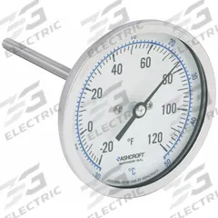 ASHCROFT Dial Thermometer: -20°F to 120°F /-30°C to 50°C, ±1% Accuracy, 4 in Stem Lg, 3 in Dial Dia (MPN 30EI60R). Key specifications — Accuracy: ±1 %; Brand: ASHCROFT.