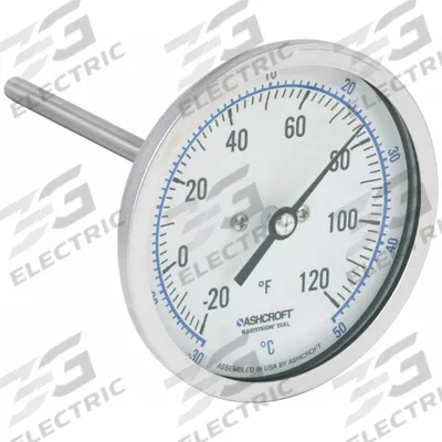 ASHCROFT Dial Thermometer: -20°F to 120°F /-30°C to 50°C, ±1% Accuracy, 4 in Stem Lg - Back-Mount Fixed-Angle Thread-Mount Dial Thermometers