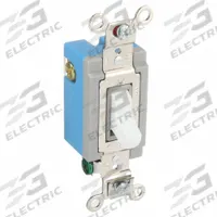 HUBBELL Wall Switch: Toggle Switch, 3-Way, Maintained, White, 120/277V AC, 15 A (MPN HBL1203W). Key specifications — Illuminated: No; Voltage Rating: 120/277V AC.