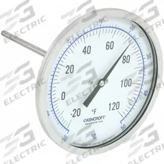 ASHCROFT Dial Thermometer: -20°F to 120°F /-30°C to 50°C, ±1% Accuracy, 6 in Stem Lg, 5 in Dial Dia (MPN 50EI60R). Key specifications — Accuracy: ±1 %; Brand: ASHCROFT.