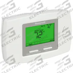 HONEYWELL Fan Coil Thermostat: Heat and Cool, Auto and Manual, GH/GL/GM/PS/R/RS/SB/SC/W/Y/Y/A, 1H/1C (MPN TB8575A1000/U). Key specifications — Application: Heat and Cool; Temperature Differential: 2°F; Voltage: 24V; Terminal Designations: Y/A; System Settings: Auto-Cool-Heat-Off; Temperature Control Range: 50° to 99°F; Changeover Type: Automatic and Manual; Shape: Rectangle.