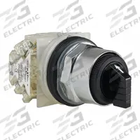 SCHNEIDER Selector Switch: 30 mm Panel Mounting Size, 3 Positions, Short Lever, DPDT, Metallic (MPN 9001KS53BH2). Key specifications — AC Contact Rating: 6 A @ 120 V; Action: Momentary/Maintained/Momentary; Cam: C; DC Contact Rating: 0.1 A @ 600 V; Hazardous Location Specification: Not Rated; Operator Head Material: Polycarbonate; Operator Head Type: Short-Handled Knob; Operator Illumination: Non-Illuminated.