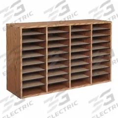 SAFCO Literature Organizer: Medium Oak, 36 Compartments, Includes Label Holders, 24 in Overall Ht (MPN 9424MO). Key specifications — attr986470: Yes; attr986455: Medium Oak; attr986477: Wood; attr986454: SAFCO; attr986487: Mail and Literature Sorter.