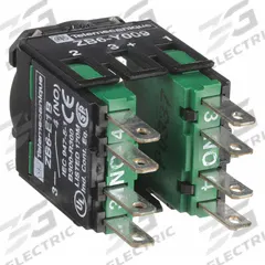 SCHNEIDER Contact Block: 16 mm Panel Mounting Size, 2NO, Momentary, ZB6 Series, Faster Connector (MPN ZB6Z3B). Key specifications — Switch Action: Momentary; Terminal Connection Type: Faster Connector; Brand: SCHNEIDER; Compatible with Series: ZB6.