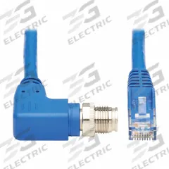 EATON TRIPP LITE Ethernet Cable: 16.4 ft Lg, X Coding, M12 Male Right Angle x RJ45 Male Straight (MPN NM12-604-05M-BL). Key specifications — Brand: EATON TRIPP LITE; Cable Jacket Color: Blue; End 1 Coding: X; IP Rating: IP68; Performance Category: Cat6; Power over Ethernet (PoE): PoE++.