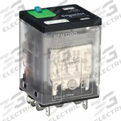 SCHNEIDER General Purpose Relay: Socket Mounted, 15 A Current Rating, 24V DC, 3PDT, E Socket (MPN RPM32BD). Key specifications — Brand: SCHNEIDER; Base Type: Square; Mounting Style: Plug-In; Pin Shape: Flat; Electrical Connection: Quick-Connect; Manufacturer Part Number: RPM32BD; Series: Harmony™ RPM Series.