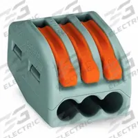 WAGO Lever Wire Connector: 3 Port, 28 AWG – 12 AWG Solid Wire Size Range, 20 A, 600 V, 222 Series (MPN 222-413). Key specifications — attr1307071: WAGO; attr1307104: Lever; attr1351713: 222.
