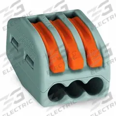 WAGO Lever Wire Connector: 3 Port, 28 AWG – 12 AWG Solid Wire Size Range, 20 A, 600 V, 222 Series (MPN 222-413). Key specifications — attr1307071: WAGO; attr1307104: Lever; attr1351713: 222.