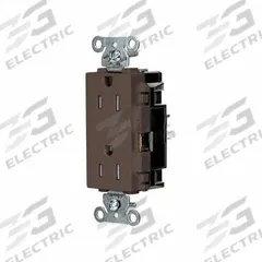 HUBBELL Receptacle: Decorator Duplex, 5-15, Brown, 125V AC, 15 A, 2 Pole / 3 Wire (MPN DR15STTR)