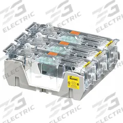 BUSSMANN Fuse Block: Open Block Design, 3 Pole, 250 V AC, Box Lug, Non-Indicating (MPN RM25400-3CR). Key specifications — Brand: BUSSMANN.