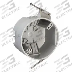 RACO Electrical Box: Thermoplastic, Nonmetallic Material & Nominal Size, Round, 2 Gangs, 4 in Dia. (MPN 7824RAC). Key specifications — Brand: RACO; Bracket Style: Fixed, 3/8" Setback; Clamp Style: NMSC.