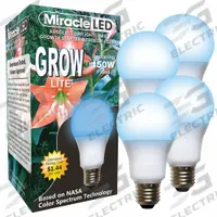 LED Grow Bulb: LED, A21, 120V, Blue/Full/Broad, 150 W Incandescent Watt Equivalency (MPN 602126). Key specifications — Plant Growth Application: Seed Starting; Brand: MIRACLE LED; Bulb Shape: A21; Spectrum: Full/Broad.