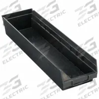 QUANTUM STORAGE SYSTEMS Shelf Bin: 23 5/8 in Overall Lg, 6 5/8 in x 4 in, Black, Nesting Capable (MPN QSB106CO). Key specifications — attr1179622: QUANTUM STORAGE SYSTEMS; attr1179611: 0%; attr1179616: QSB106CO; attr1179624: Dividers Not Included; attr1249172: Electrostatic Discharge Conductive.