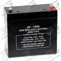 APPROVED VENDOR Sealed Lead Acid Battery: 4V DC, 10 Ah Capacity, 4 in Ht, 1.97 in Wd, 4.02 in Dp (MPN 47028). Key specifications — Terminal Connection: 0.187 in Faston; Battery Cycle Type: Dual Purpose; Brand: APPROVED VENDOR; Housing Material: ABS.
