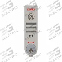 DETEX Exit Door Alarm: 9 V DC, Mortise, Gray, Plastic, Horn, 100 dB Sound Level (MPN EAX-300W GRAY W-CYL). Key specifications — Power Source: Battery; Brand: DETEX; Cylinder Type: Mortise; Sound Type: Horn; Alarm Body Color: Gray; Alarm Body Material: Plastic.