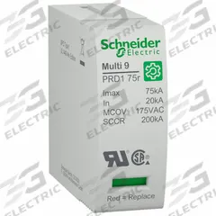 SCHNEIDER ELECTRIC Surge Arrester Cartridge: 120 V, 20 kA Nominal Discharge Current (MPN M9LC175). Key specifications — Max. Continuing Operating Voltage: 120 V; For Use With: PRD175r Surge Protection Device; Brand: SCHNEIDER.