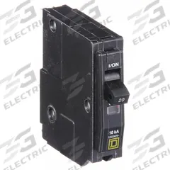 SQUARE D Miniature Circuit Breaker: 20 A, 120V AC, Single Phase, 10kA at 120/240V AC, 1 Poles (MPN QO120HM). Key specifications — Phase: Single; Amps: 20 A; AC Voltage Rating: 120V AC; Max. AIR Rating: 10kA at 120/240V AC; For Use With: QO Load Centers and NQ Panelboards; Brand: SQUARE D.