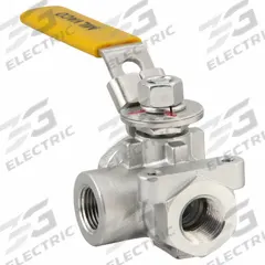 MILWAUKEE VALVE Manual Three-Way Ball Valve: 3/8 in, CF8M Stainless Steel, L Flow, Two-Piece (MPN BA3WDSLH 3/8). Key specifications — Brand: MILWAUKEE VALVE; Handle: Locking Lever.