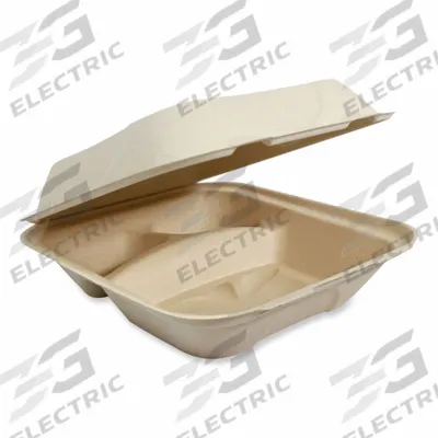 WORLD CENTRIC Carry-Out Food Container: Tan, Hinged Lid Container Container, 3 Compartments - Hinged-Lid Molded Fiber Containers