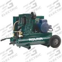 ROLAIR Portable Air Compressor: Quiet, Splash Lubricated, 9 gal, Wheelbarrow, 3 hp, 240V AC, 17.9 A (MPN 3230K24-0095). Key specifications — attr48686: Splash Lubricated; attr48685: 240V AC; attr48689: 18.40 cfm; attr48678: 17.9 A; attr48671: ROLAIR; attr124308: Quiet (less than 75 dBA).
