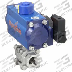 DYNAQUIP CONTROLS Pneumatically Actuated Two-Way Ball Valve: 3/4 in, Stainless Steel, FNPT x FNPT (MPN P3S24AJSR05210A). Key specifications — Brand: DYNAQUIP CONTROLS; Pilot Solenoid Voltage: 115V AC.