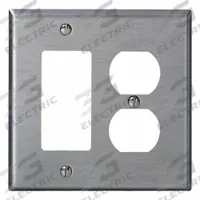 LEVITON Wall Plate: Duplex Outlet, 2 Gang, Midsize Size (MPN SJ826-40). Key specifications — Brand: LEVITON; Material: Stainless Steel.