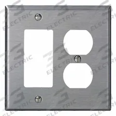 LEVITON Wall Plate: Duplex Outlet, 2 Gang, Midsize Size (MPN SJ826-40). Key specifications — Brand: LEVITON; Material: Stainless Steel.