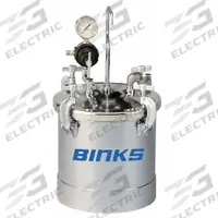 BINKS Paint Tank: Steel, 10 L Capacity, No Agitator, 1 Regulators, 80 psi Op Pressure - Max (MPN 83C-210). Key specifications — Brand: BINKS; Material: Steel; Number of Regulators: 1; Includes: Polyethylene Liner; Agitator Type: No Agitator.